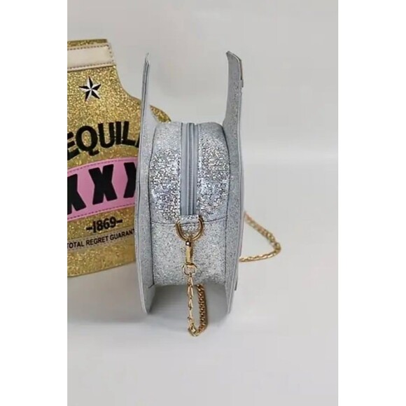 Sparkle Tequila Bottle Clutch Purse Silver Glitter Evening Bag 7x3x9 Inches - Picture 5 of 6